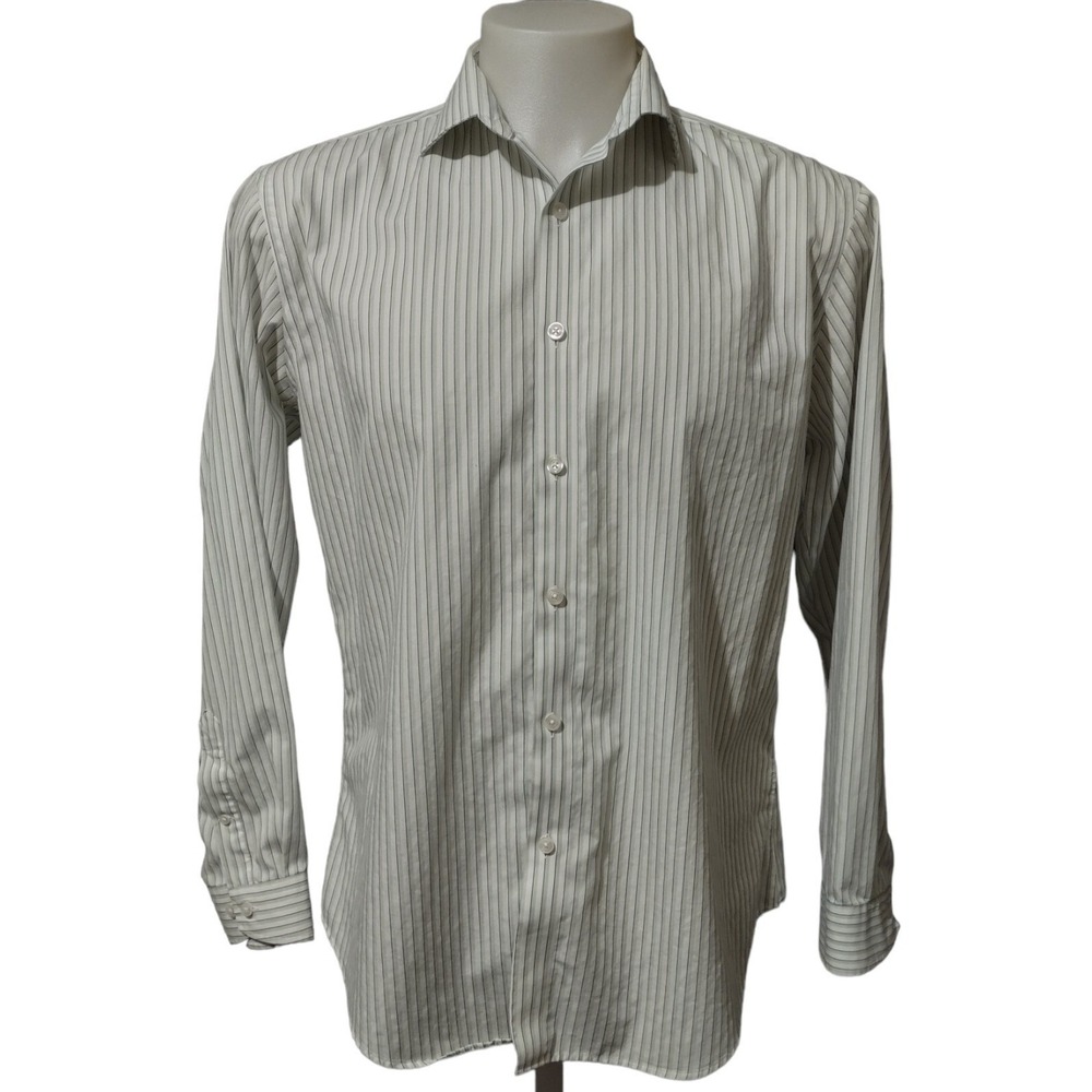 Esquire Shirt Men's 16.5 34/35 Slim Fit Pinstripe Non Iron  White Green Striped